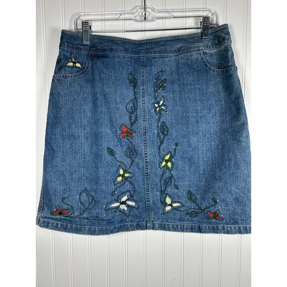 Vintage Y2K I.E. Relaxed Denim Jean Light Wash Embroidered Beaded Skirt Size 12P - Picture 1 of 11